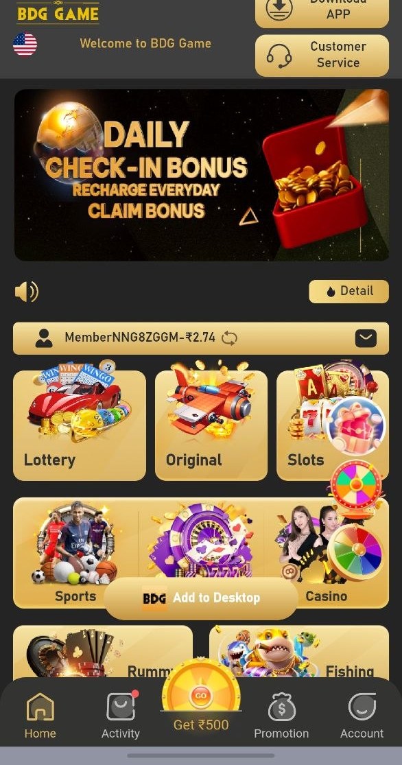 BDG Game official app home screen — Lottery, Slots, Sports, Casino